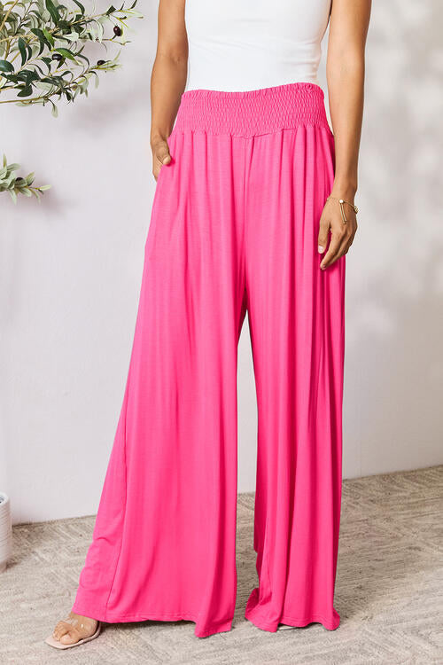 Double Take Full Size Smocked Wide Waistband Wide Leg Pants  satin wide leg pants  wide leg lounge pants  wide leg cropped pants  pink wide leg pants https://www.pearluxuries.com/products/double-take-full-size-smocked-wide-waistband-wide-leg-pants?variant=44504260247778