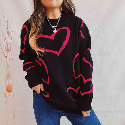 sweater  Heart Pattern Long Sleeve Sweater  long sleeve sweater  black long sleeve sweater  white long sleeve sweater
