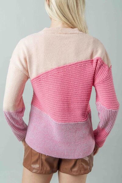 Color Block Pink Long Sleeve Sweater