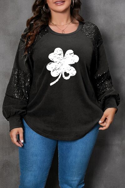 Shipping delay February 8 - February 16  Ship From Overseas  Plus Size Lucky Clover Sequin Round Neck Blouse  long sleeve top  round neck blouse